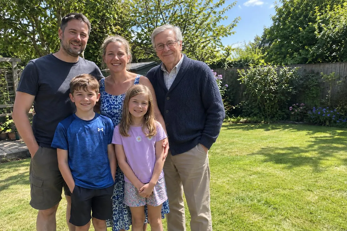 After: Family garden photo with grandpa added from a separate portrait