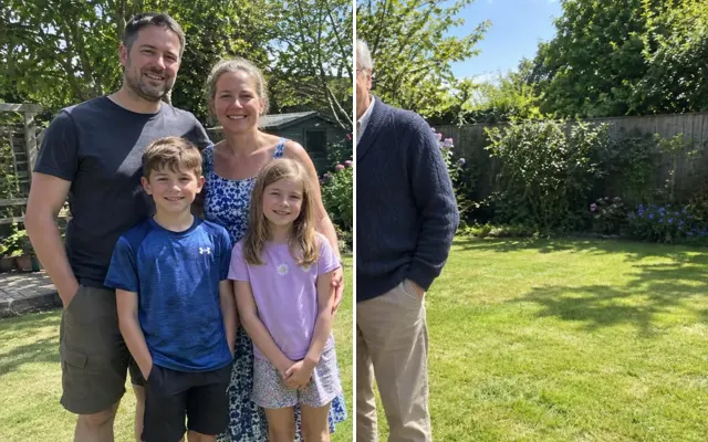 Before and after: Family garden photo with grandpa added from a separate portrait