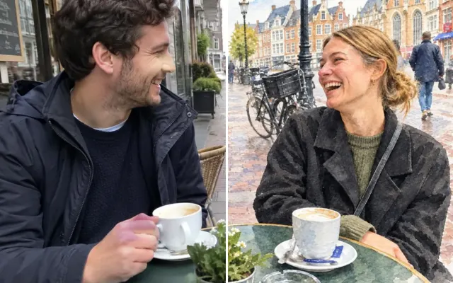 Before and after: Café photo of a couple restyled as a watercolour painting