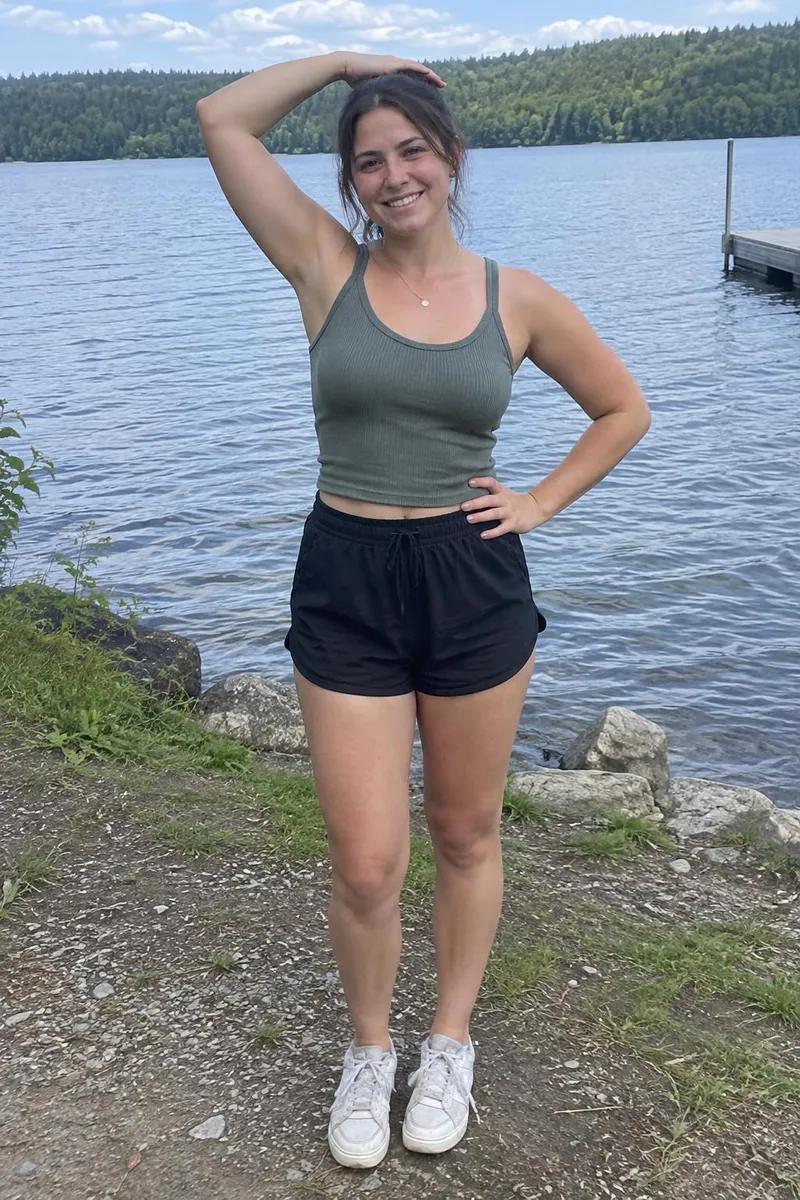 Before: Lake photo with an awkwardly raised arm lowered to a natural pose