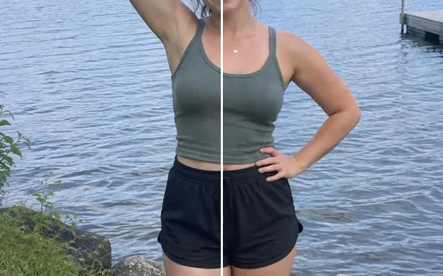 Before and after: Lake photo with an awkwardly raised arm lowered to a natural pose