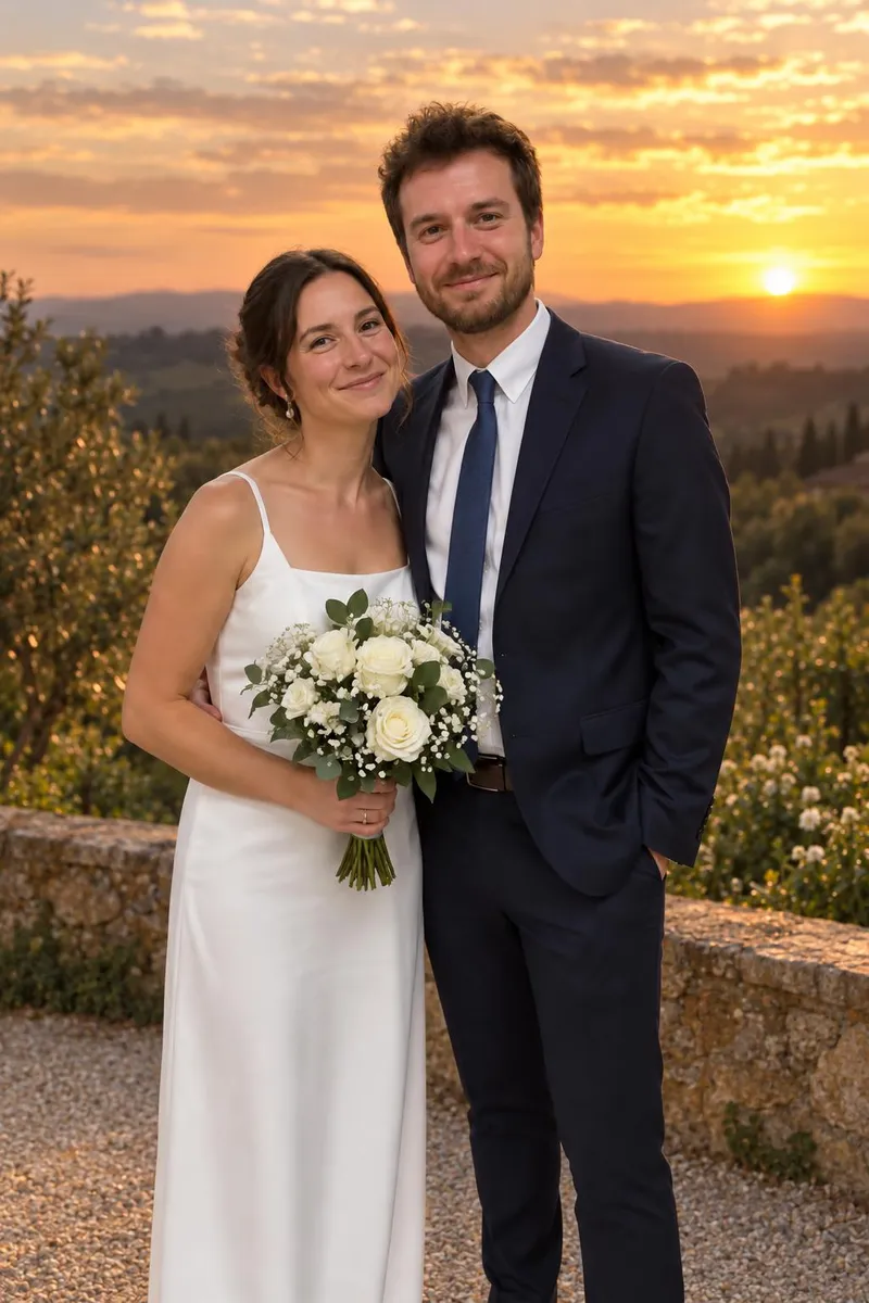 After: Courthouse wedding photo with the hallway replaced by a sunset background