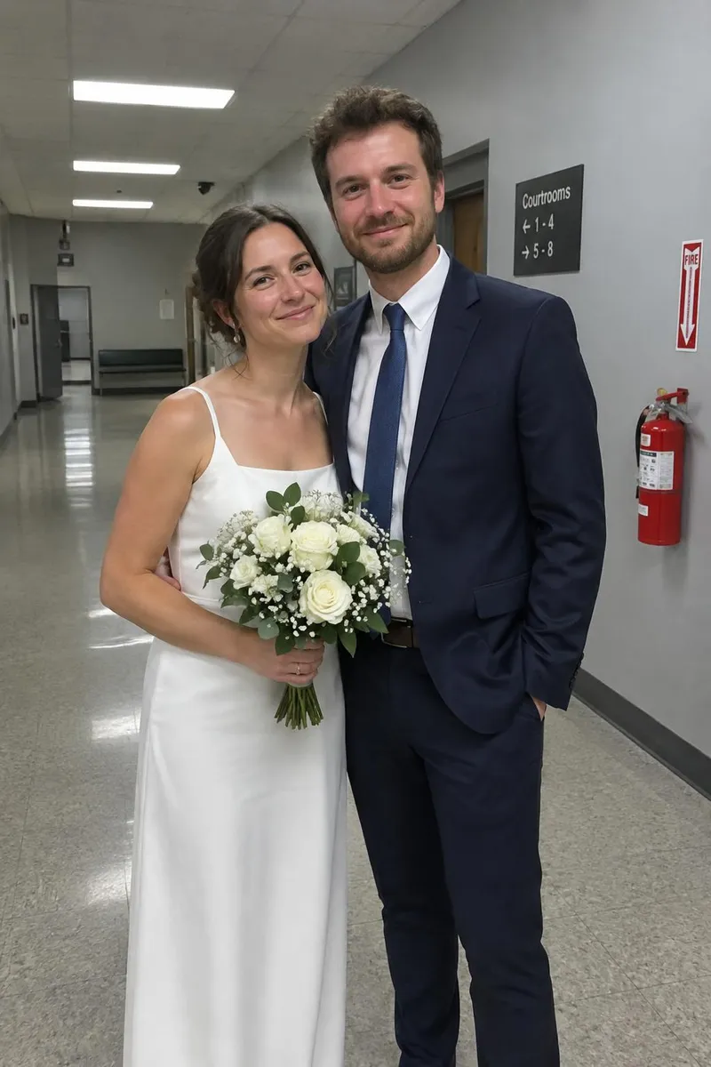 Before: Courthouse wedding photo with the hallway replaced by a sunset background
