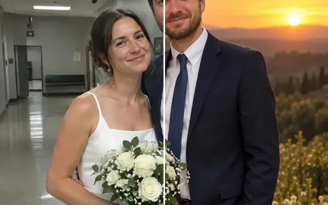 Before and after: Courthouse wedding photo with the hallway replaced by a sunset background