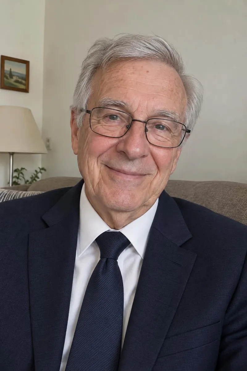 After: Portrait of an older man with his cardigan changed to a navy suit and tie