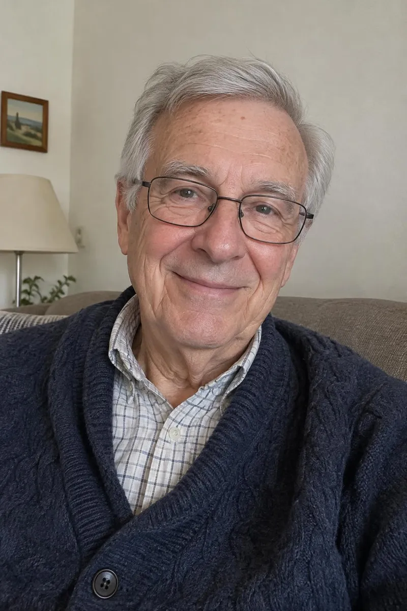 Before: Portrait of an older man with his cardigan changed to a navy suit and tie
