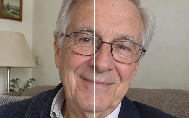 Before and after: Portrait of an older man with his cardigan changed to a navy suit and tie