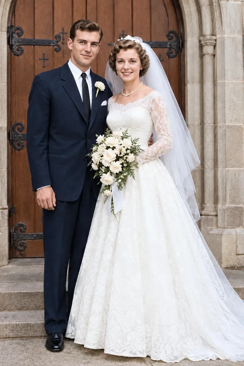 After: 1950s black and white wedding photo colorized
