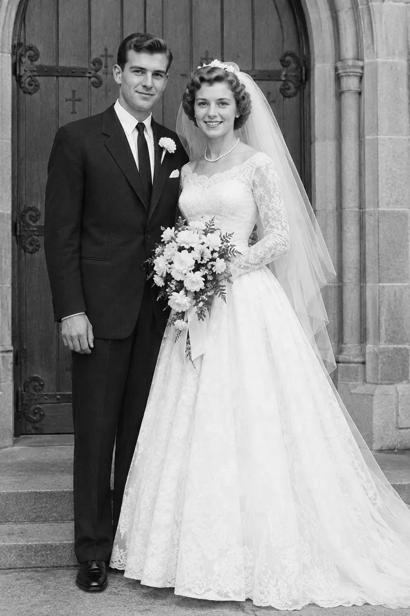 Before: 1950s black and white wedding photo colorized