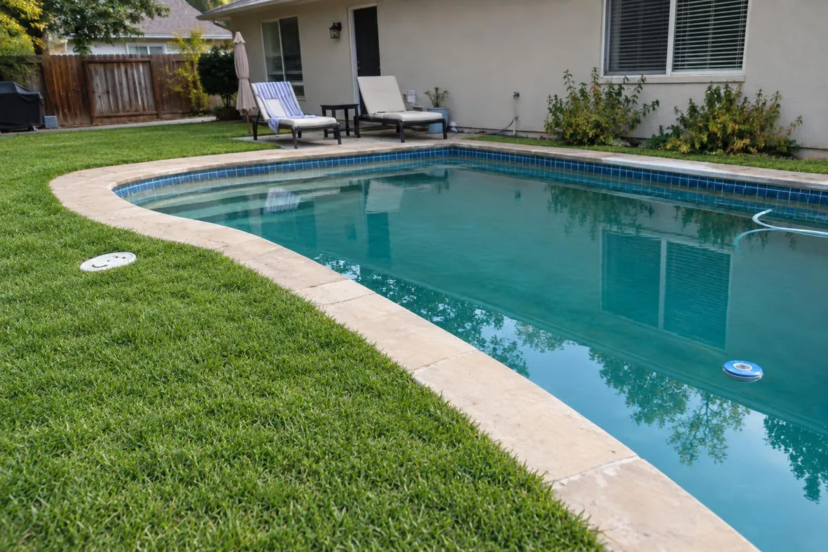 After: Backyard photo with a green lawn and the leaves removed from the pool