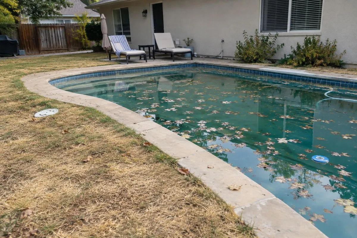 Before: Backyard photo with a green lawn and the leaves removed from the pool