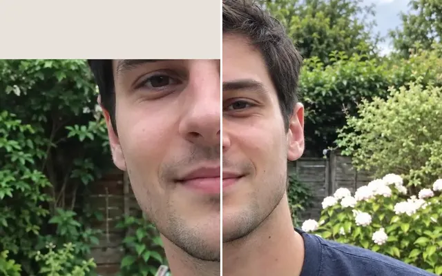 Before and after: Tightly cropped portrait extended upward to show the top of his head