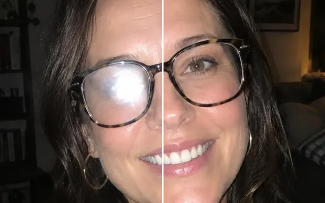Before and after: Portrait with the flash glare removed from her glasses