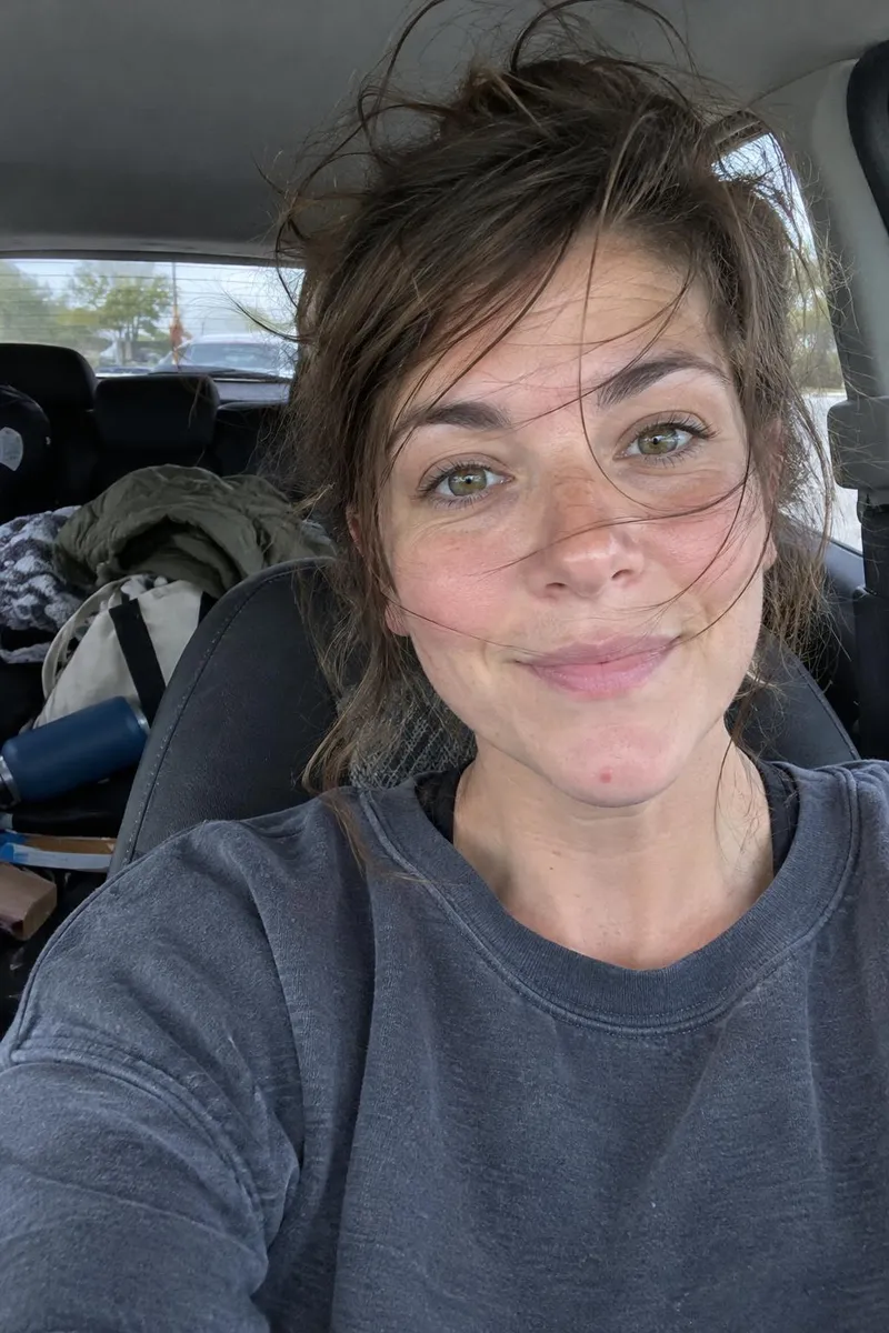 Before: Car selfie with windblown hair and flyaways tidied