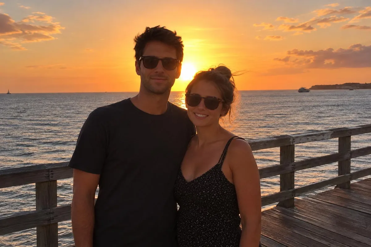 After: Backlit sunset photo with the couple's faces brightened