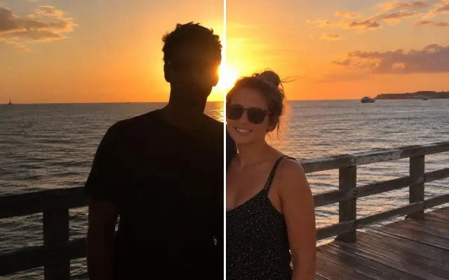 Before and after: Backlit sunset photo with the couple's faces brightened