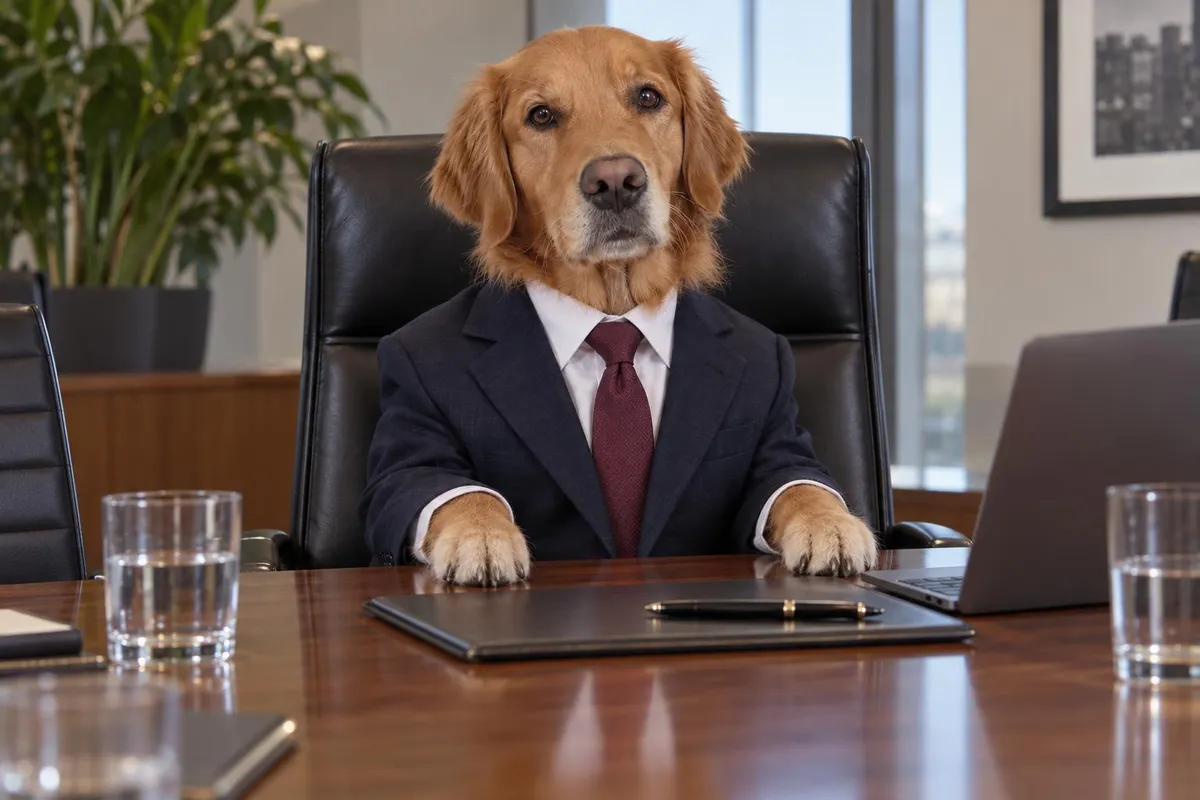 After: Funny edit of a golden retriever as a CEO in a boardroom