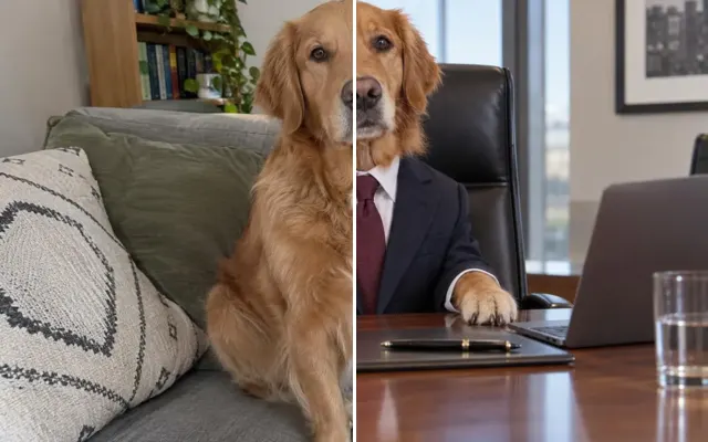 Before and after: Funny edit of a golden retriever as a CEO in a boardroom