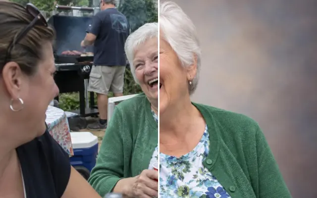 Before and after: Memorial portrait of an elderly woman created from a busy family barbecue photo