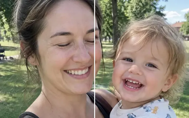 Before and after: Mother and toddler photo with the mother's closed eyes opened naturally
