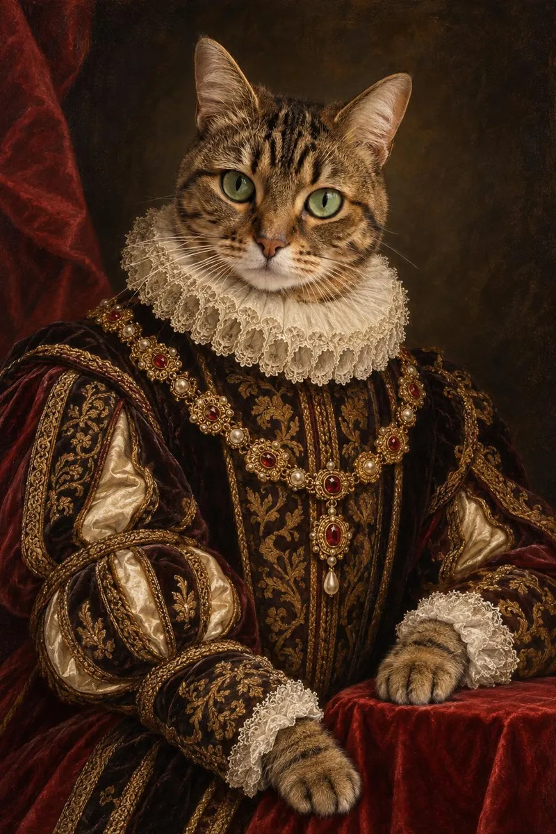 After: Tabby cat photo turned into a Renaissance oil portrait