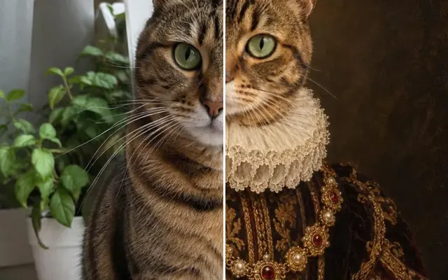 Before and after: Tabby cat photo turned into a Renaissance oil portrait