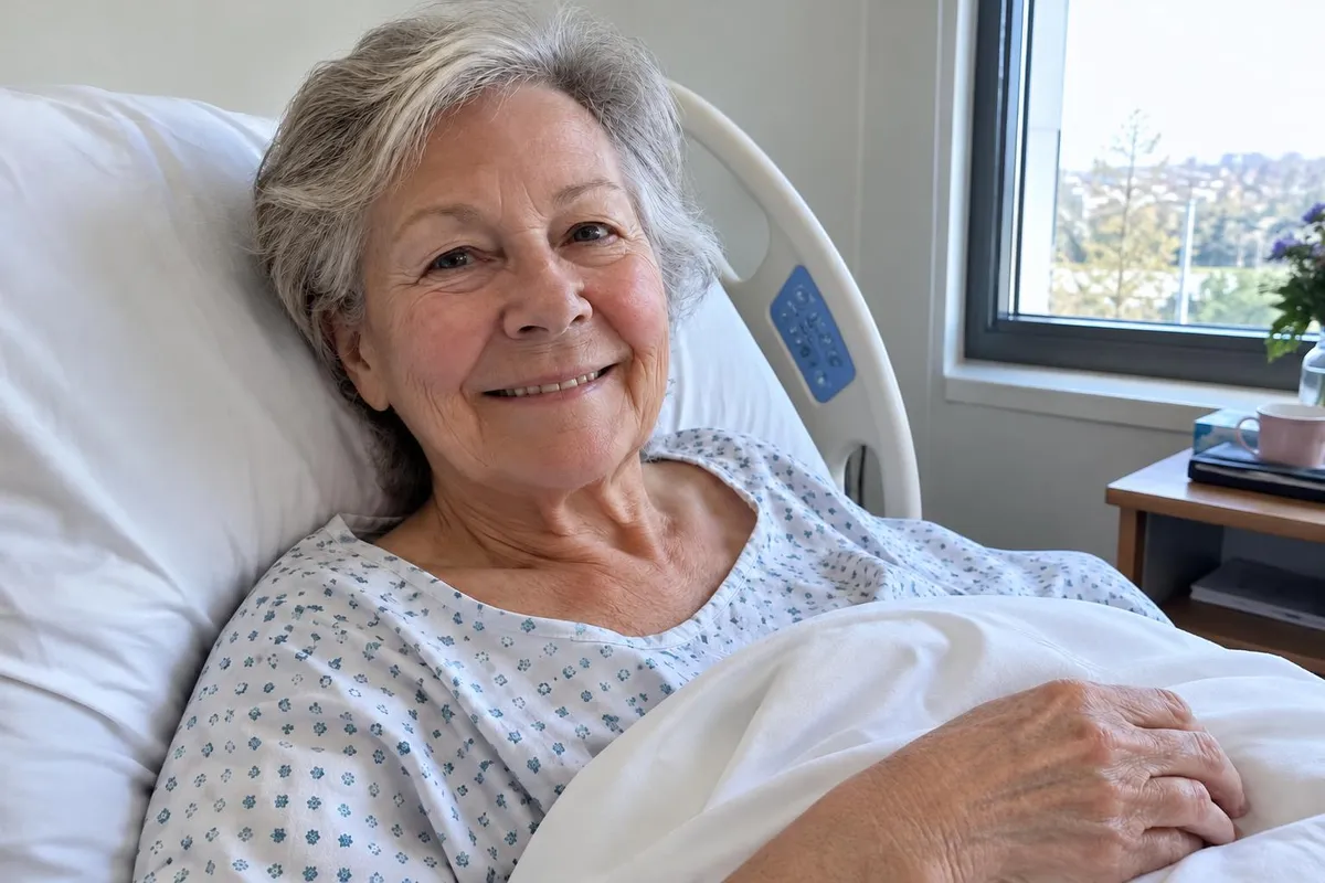 After: Hospital photo of an elderly woman with the oxygen cannula, IV line and medical tape removed