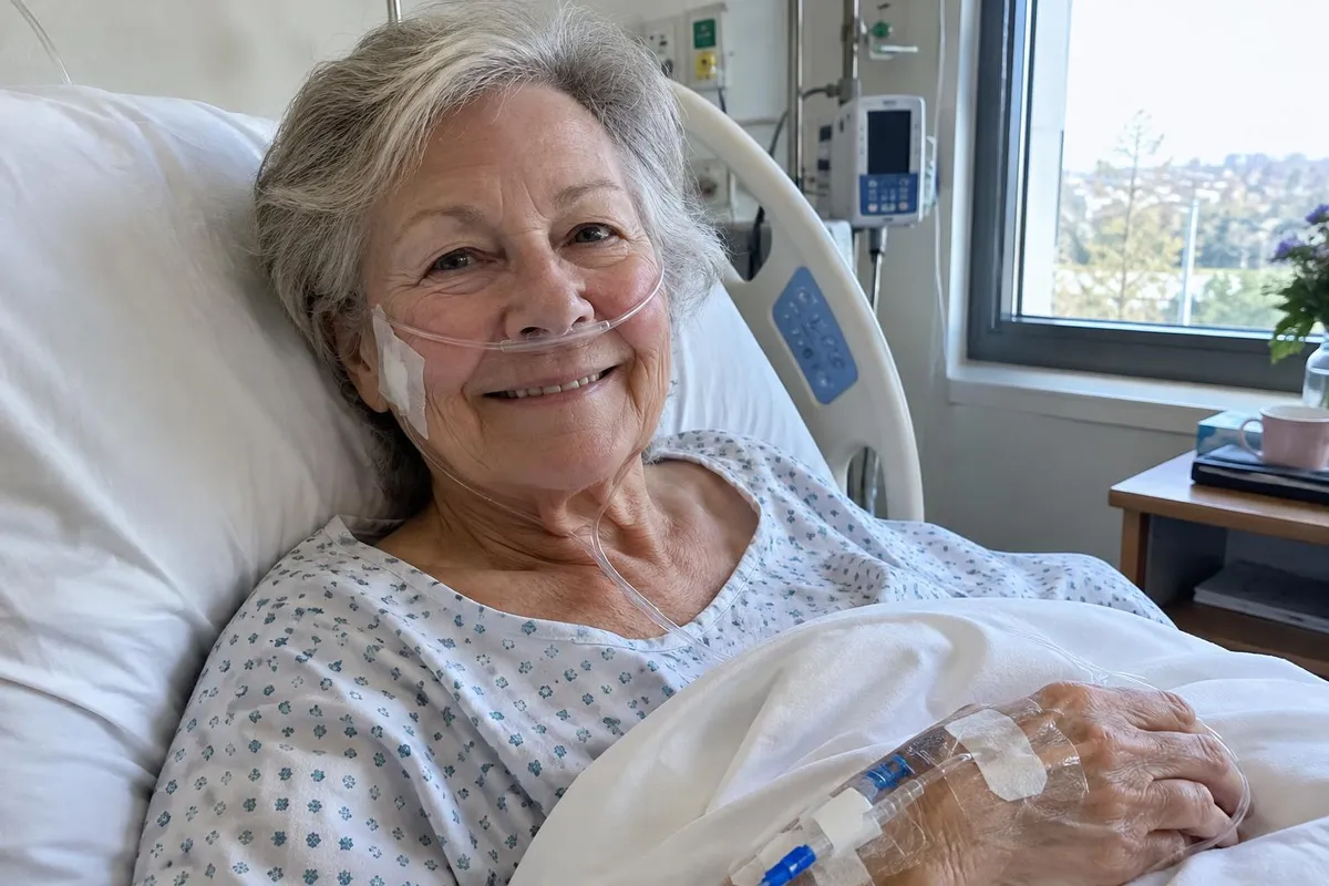 Before: Hospital photo of an elderly woman with the oxygen cannula, IV line and medical tape removed