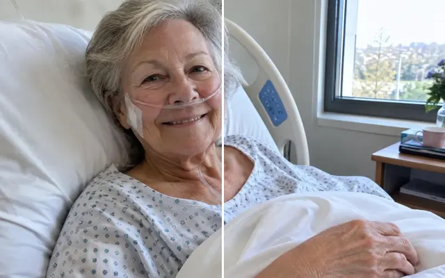 Before and after: Hospital photo of an elderly woman with the oxygen cannula, IV line and medical tape removed