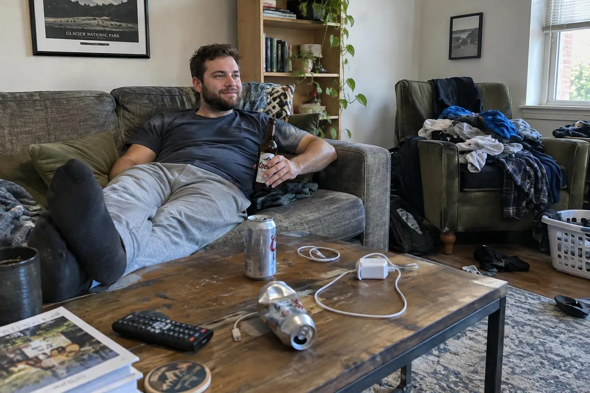 Before: Living room photo with a beer bottle, cans, cables and laundry removed