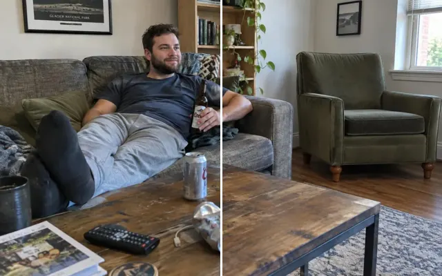 Before and after: Living room photo with a beer bottle, cans, cables and laundry removed