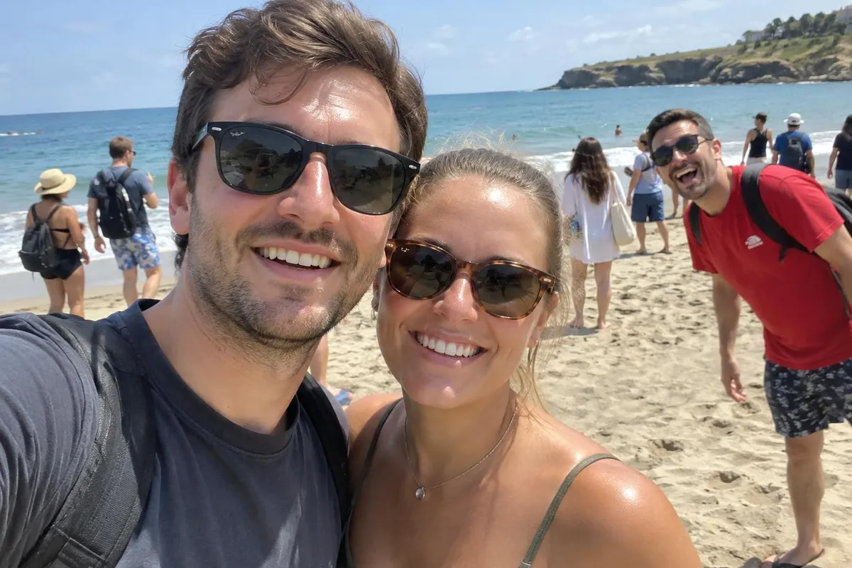 Before: Beach selfie with photobombers and tourists removed from the background