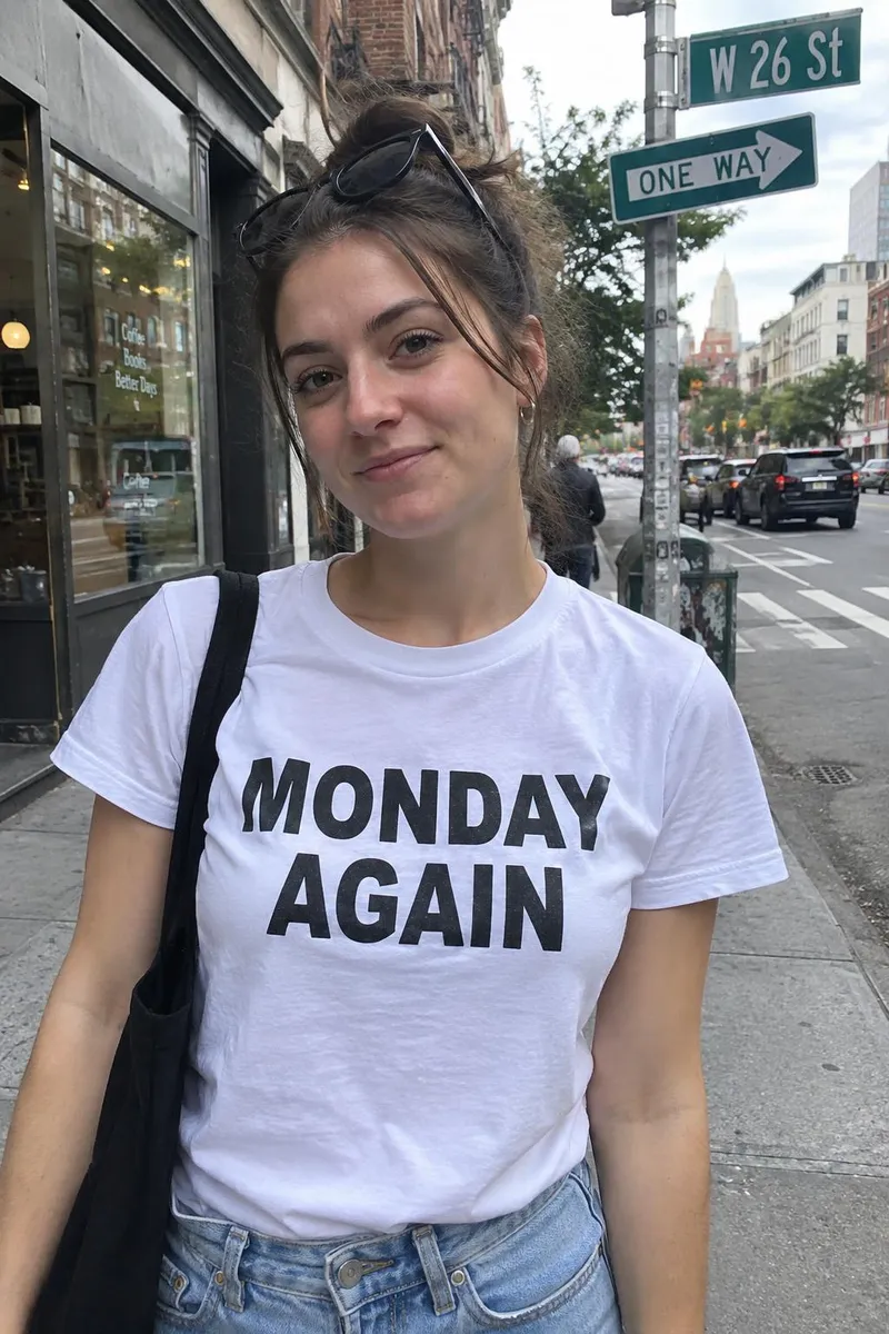 Before: Street photo with the printed words removed from a white t-shirt