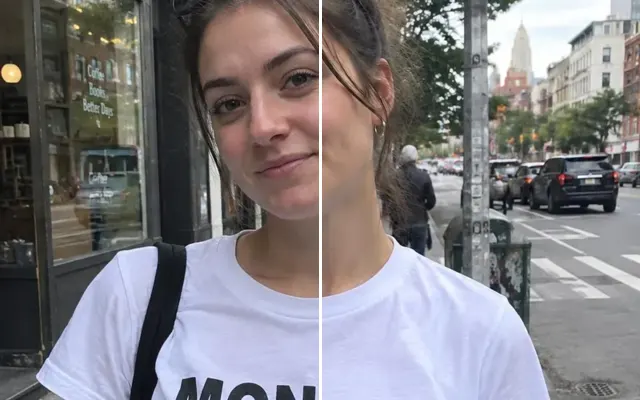 Before and after: Street photo with the printed words removed from a white t-shirt