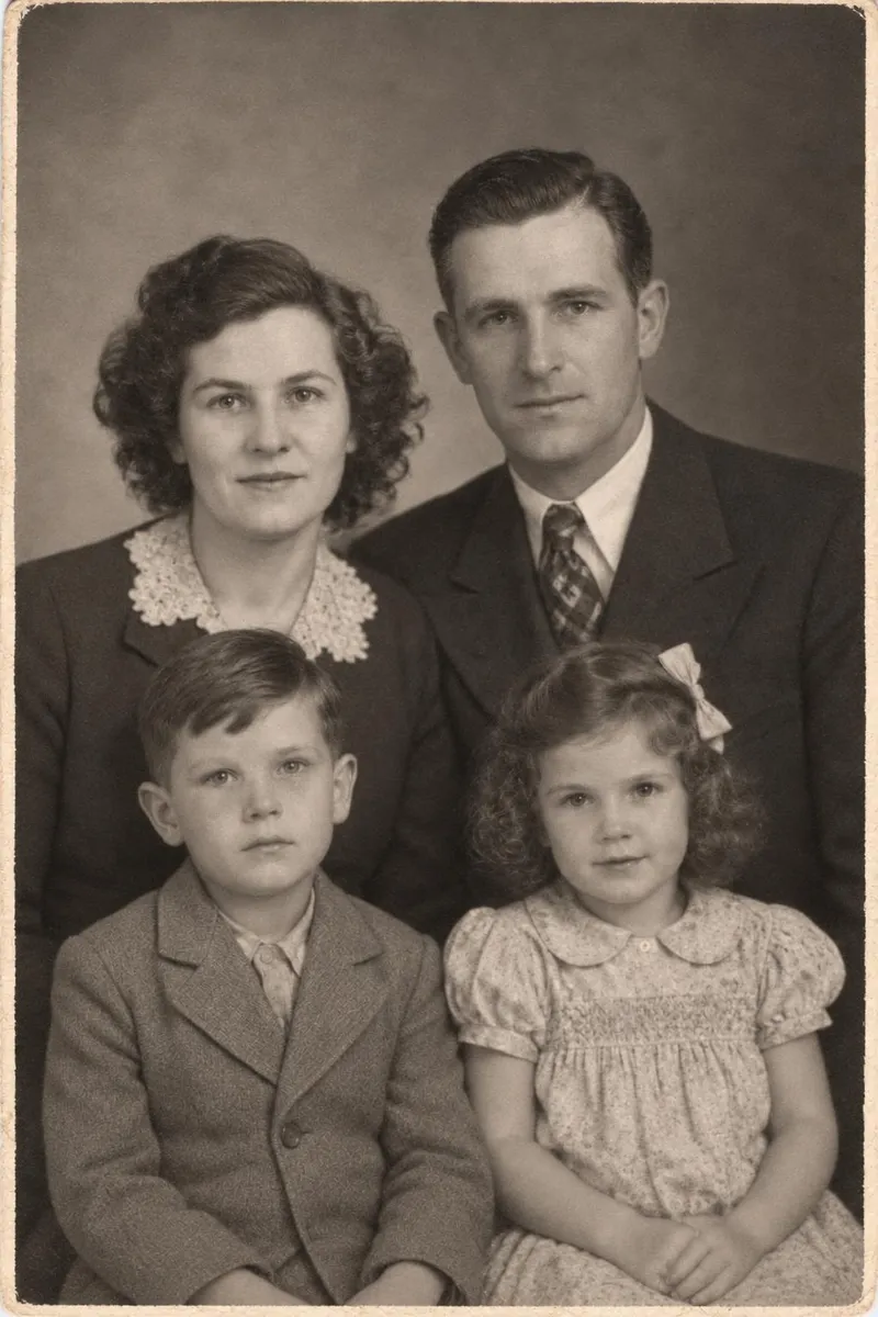 After: Damaged 1940s family portrait restored: creases, tears and stains repaired