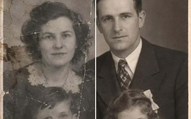 Before and after: Damaged 1940s family portrait restored: creases, tears and stains repaired