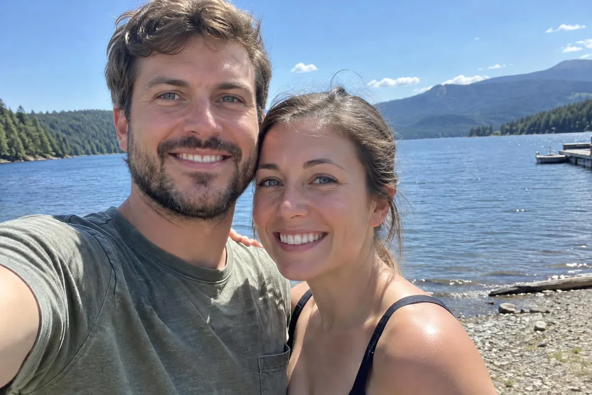 After: Lake selfie where the man's sunglasses face is replaced with his face from another photo