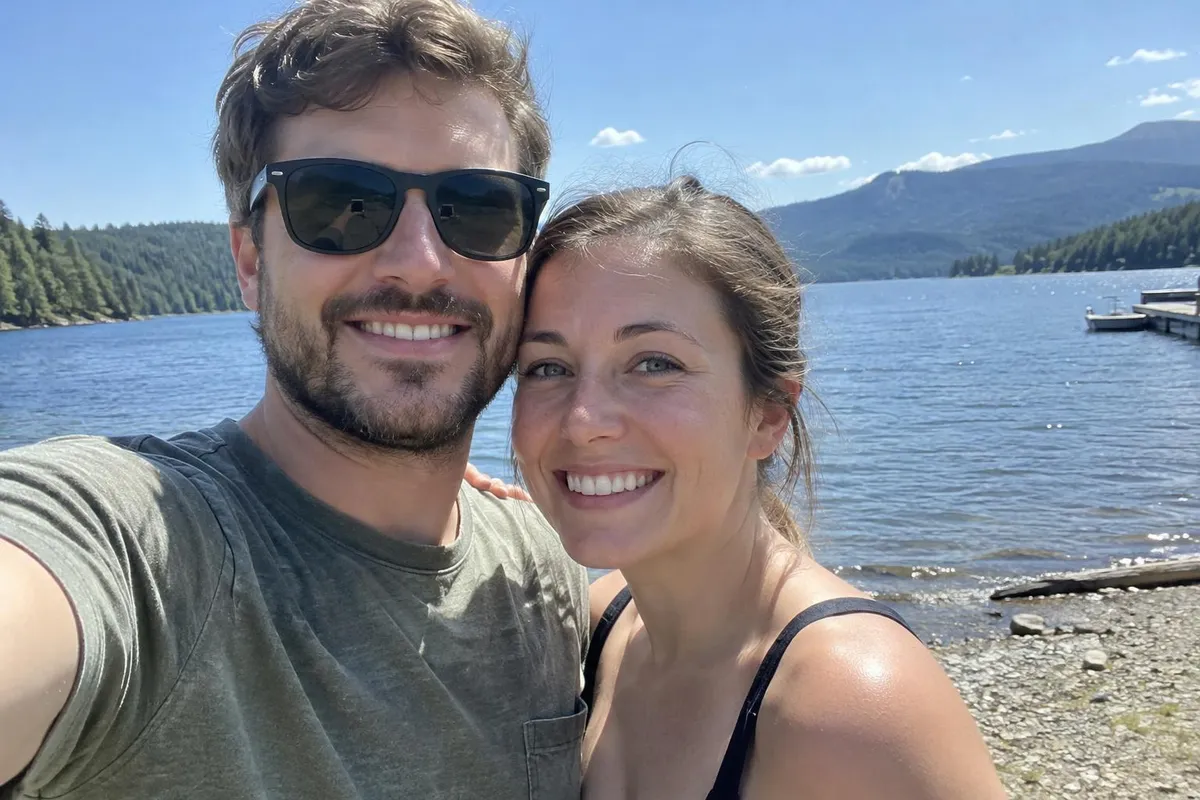 Before: Lake selfie where the man's sunglasses face is replaced with his face from another photo