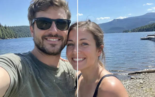 Before and after: Lake selfie where the man's sunglasses face is replaced with his face from another photo